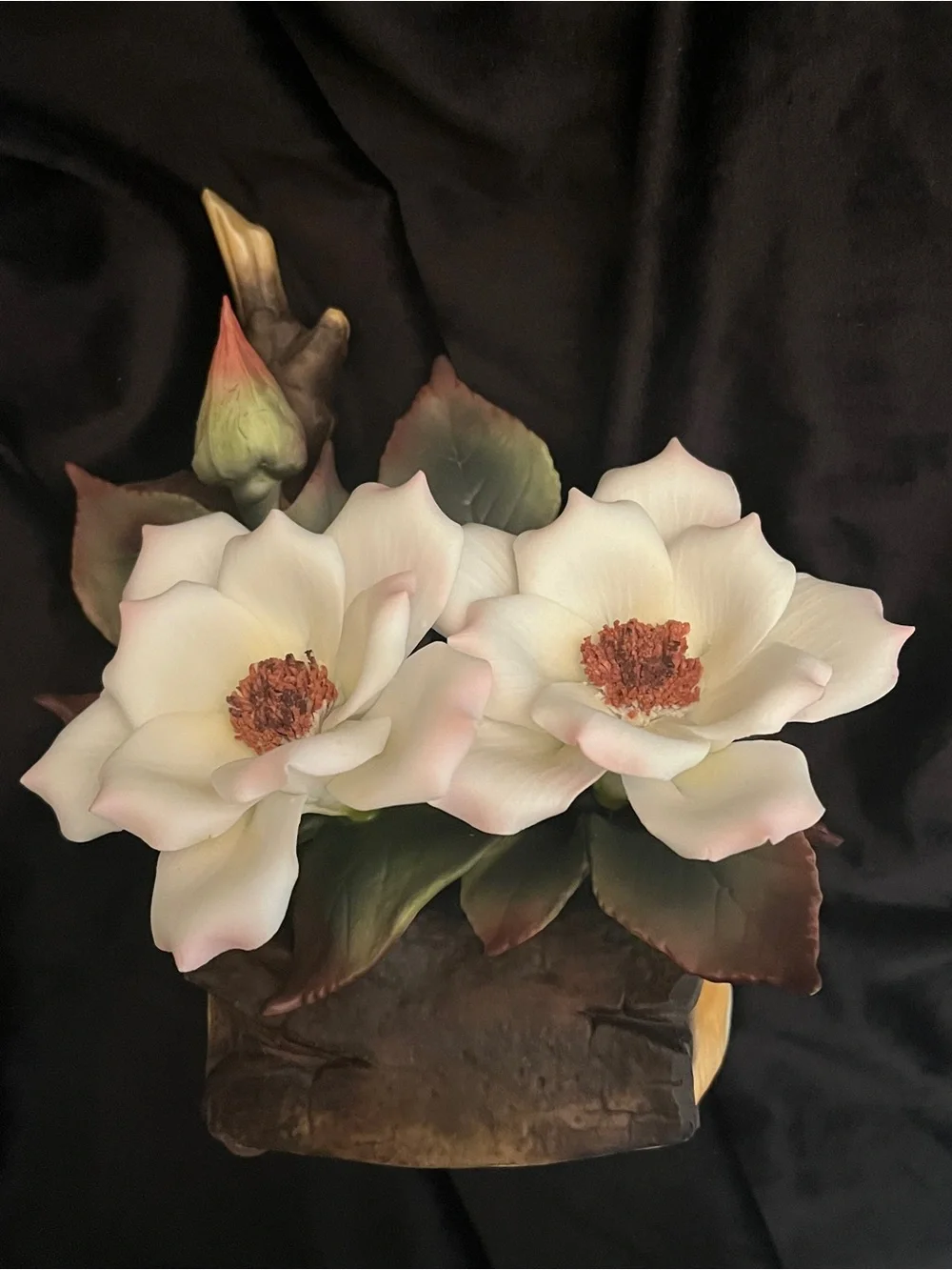 Vintage Porcelain Magnolia Flower Music Box Tree Stump Floral Figurine